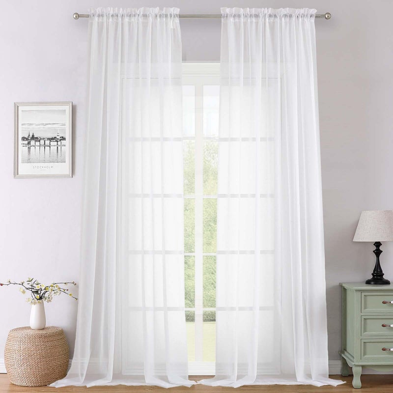 Lecloud White Sheer Curtains 108 Inches Long 2 Panels, Solid Airy Voile Extra Wide Sheer Curtains, Farmhouse Elegant Light Filtering Window Curtain Drapes for Living Room Big Windows, 59"" W x 108"" L - Image 1